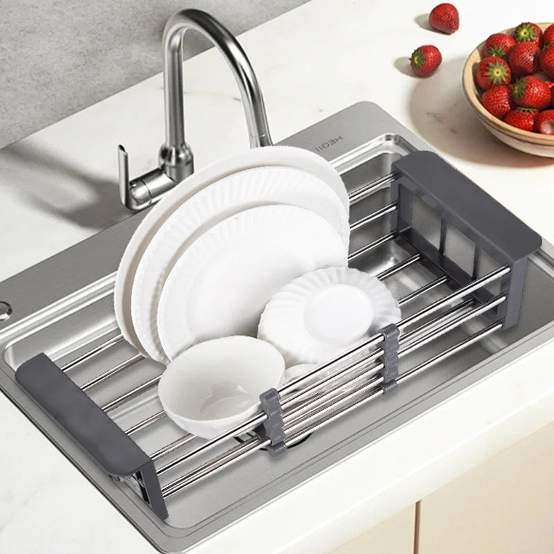 Roll Up Triangle Dish Drying Rack Kitchen Sink Organizer Corner Over the Sink Sponge Rag Holder Foldable Stainless Steel Drainer